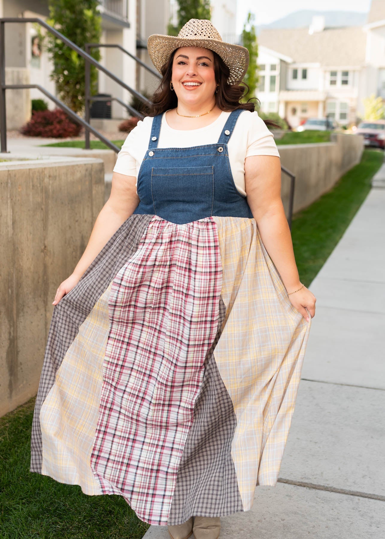 Kinsey Denim Patchwork Plaid Overall Dress