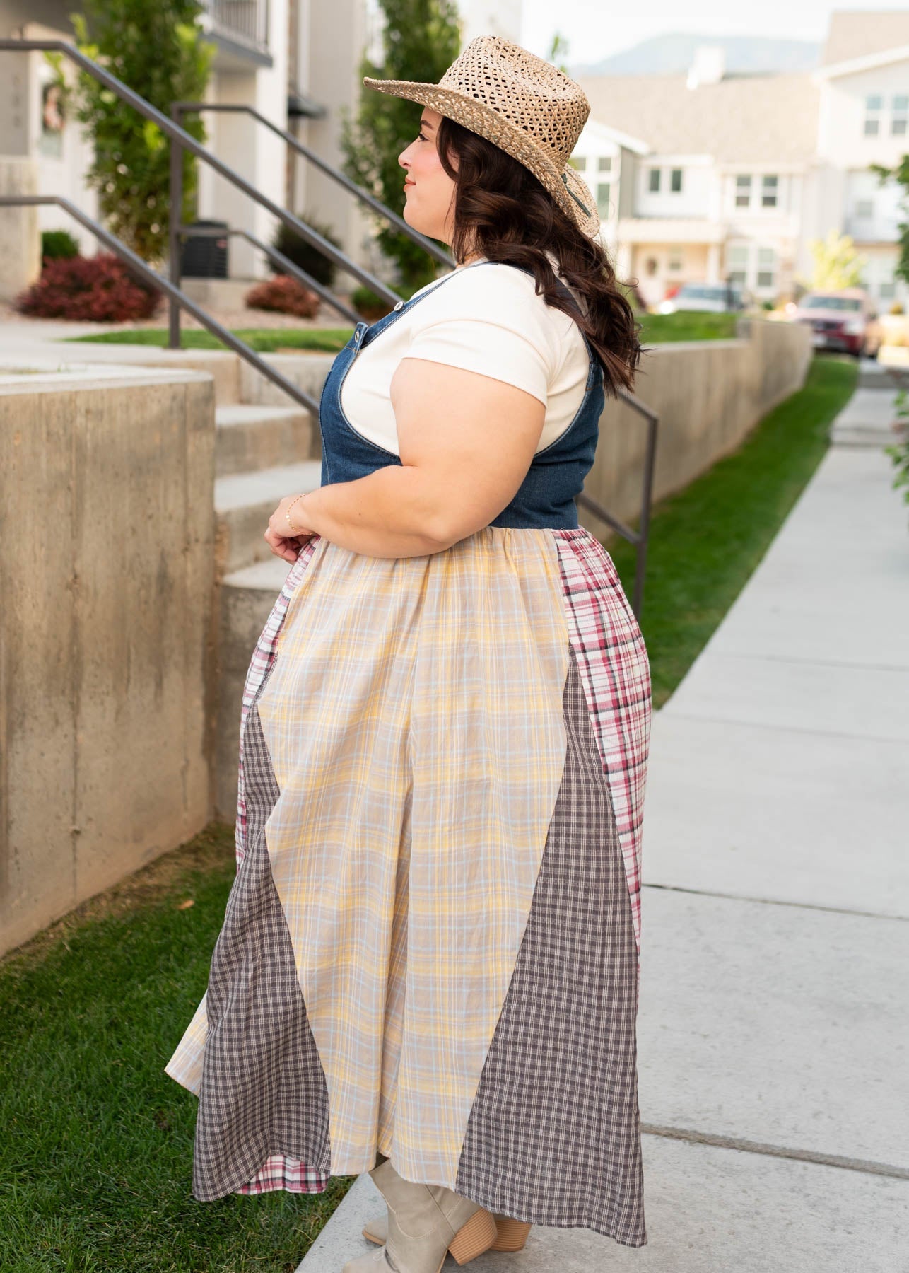 Kinsey Denim Patchwork Plaid Overall Dress