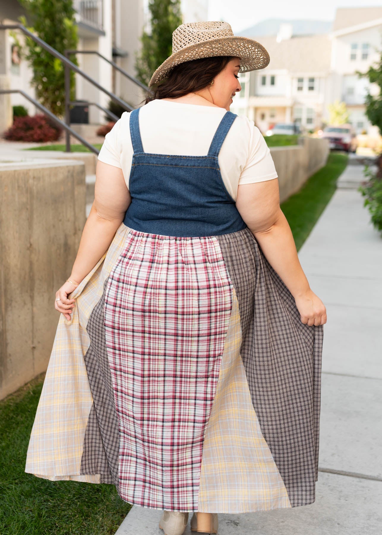 Kinsey Denim Patchwork Plaid Overall Dress