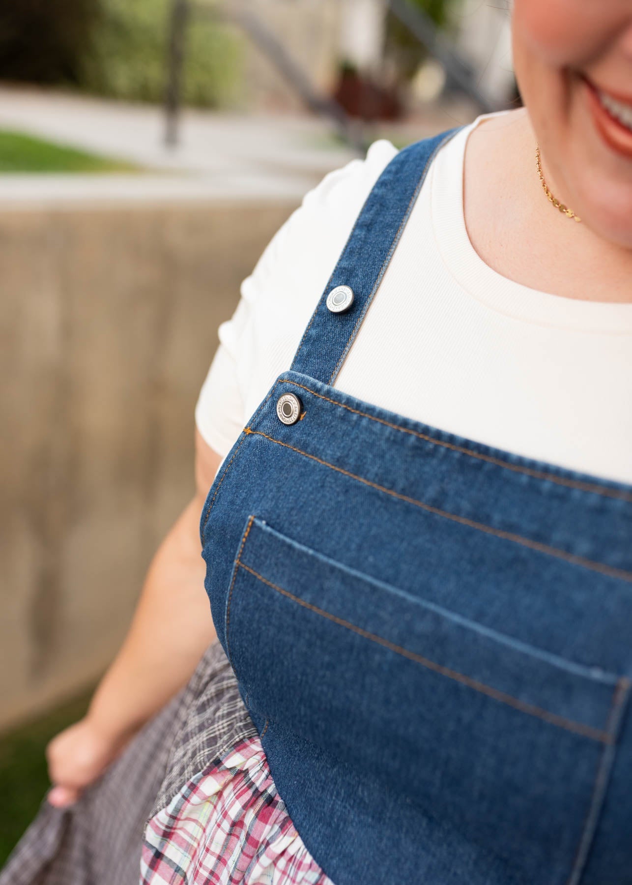Kinsey Denim Patchwork Plaid Overall Dress
