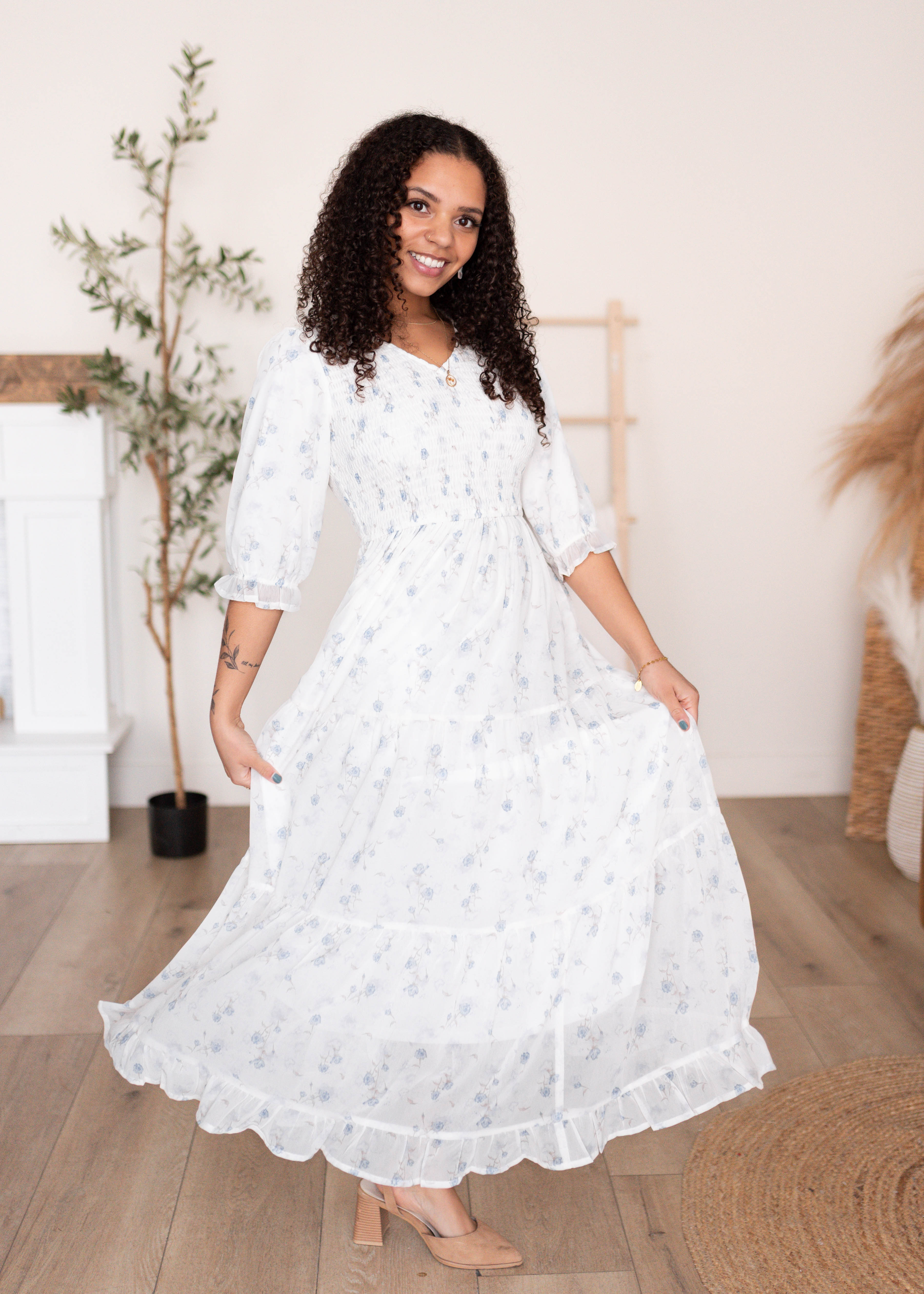 Kristin Light Blue Floral Tiered Dress