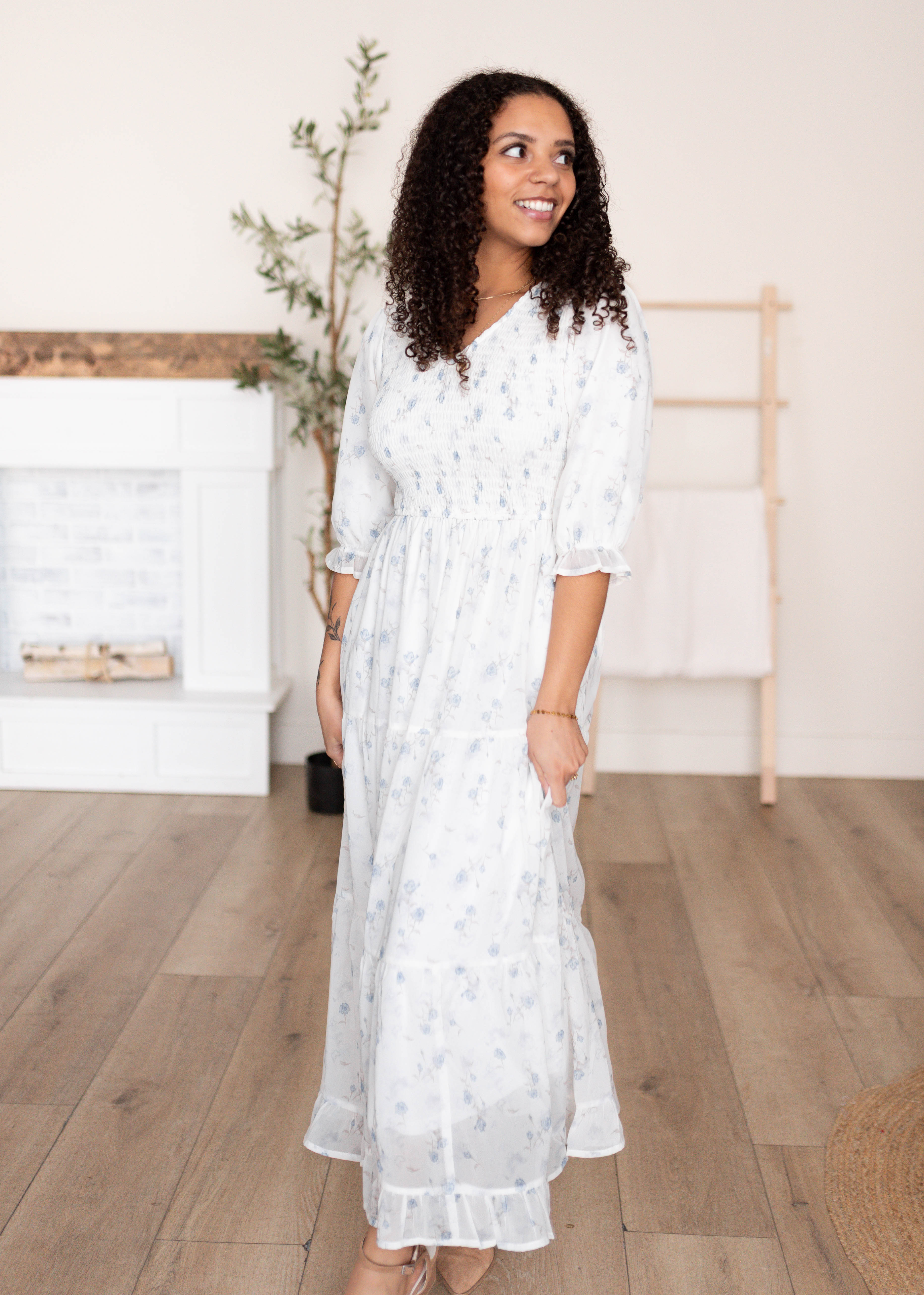 Kristin Light Blue Floral Tiered Dress