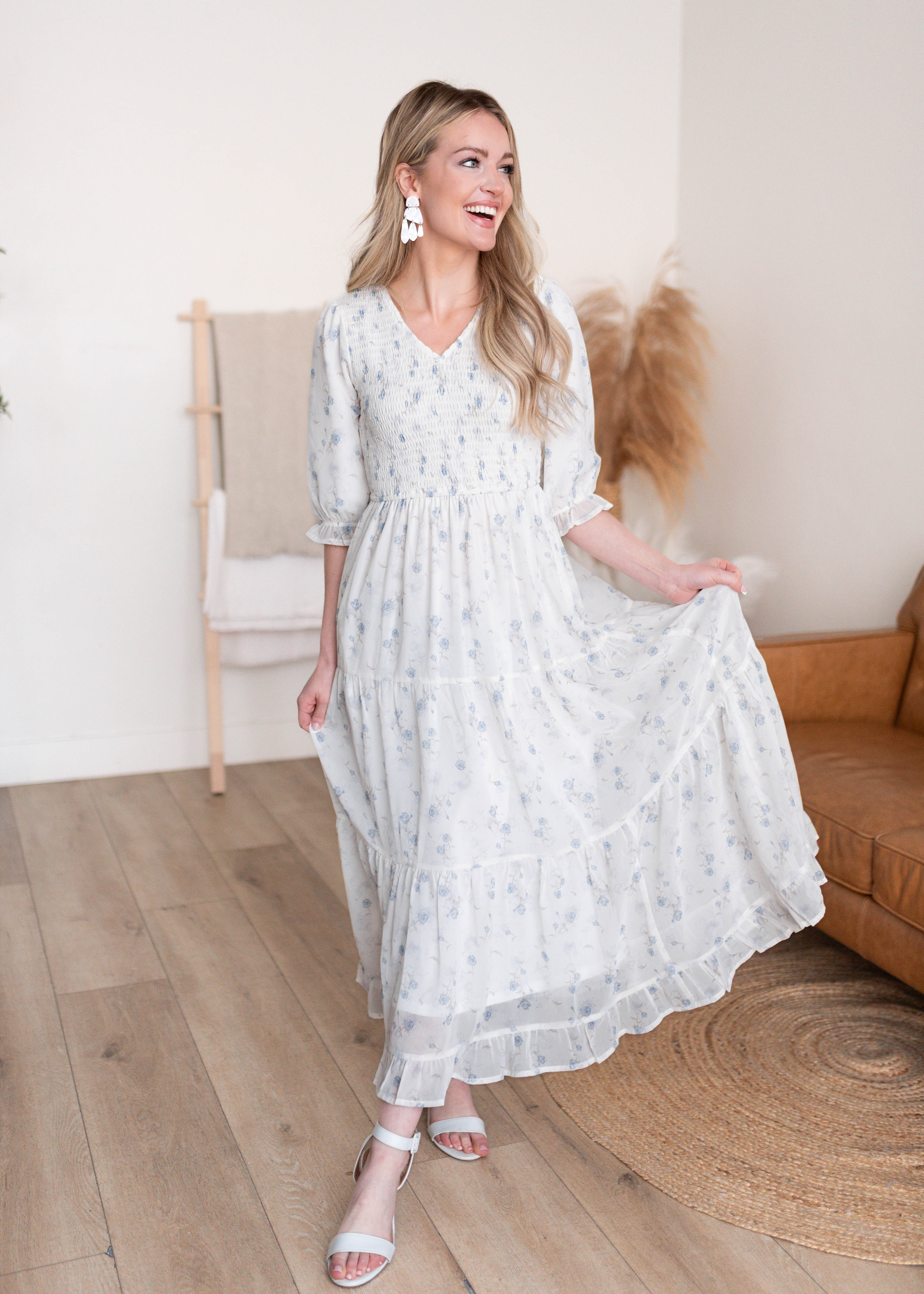 Kristin Light Blue Floral Tiered Dress