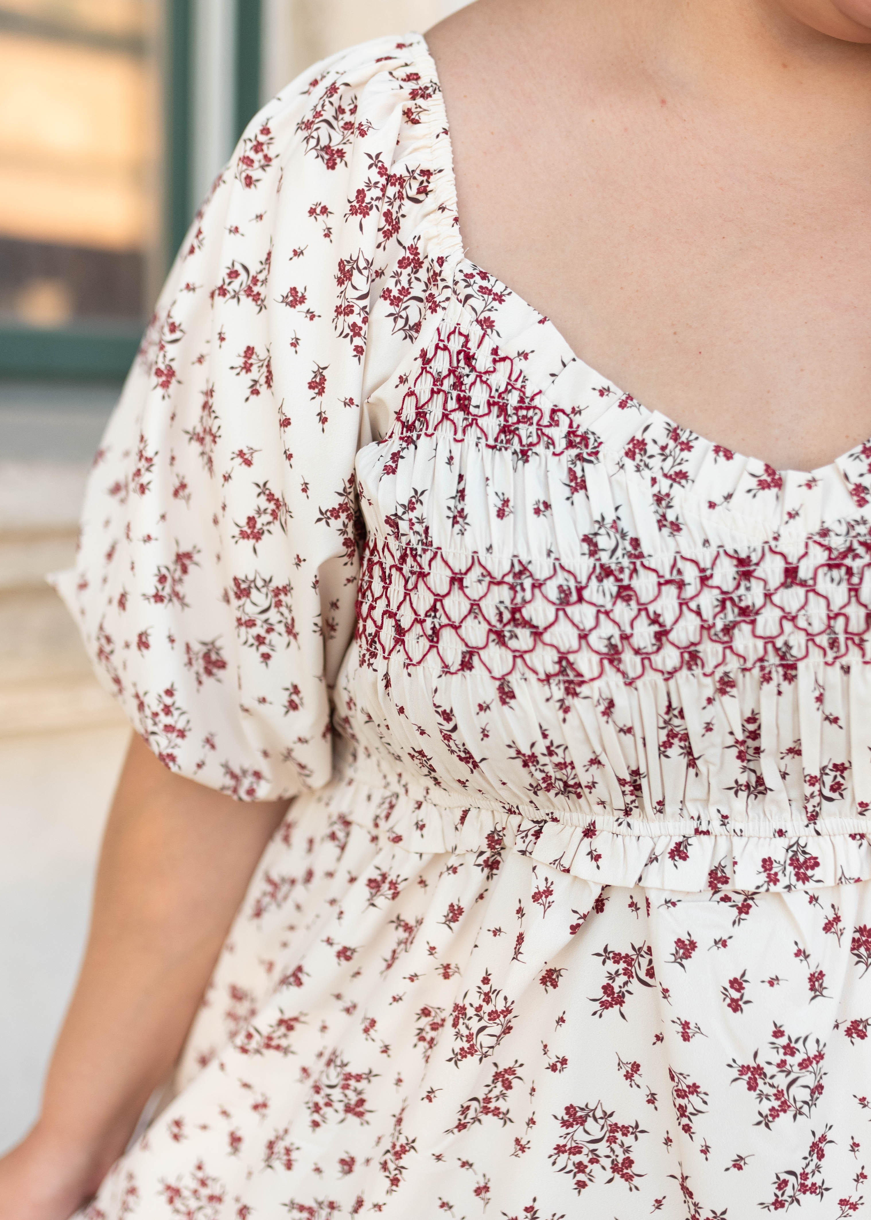 Lauren Beige Floral Smocked Dress