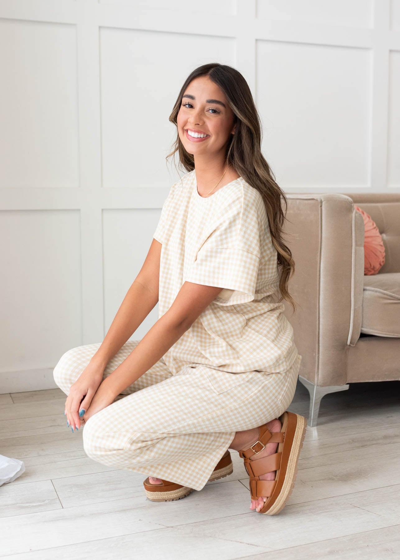 Leila Beige Gingham Knit Top