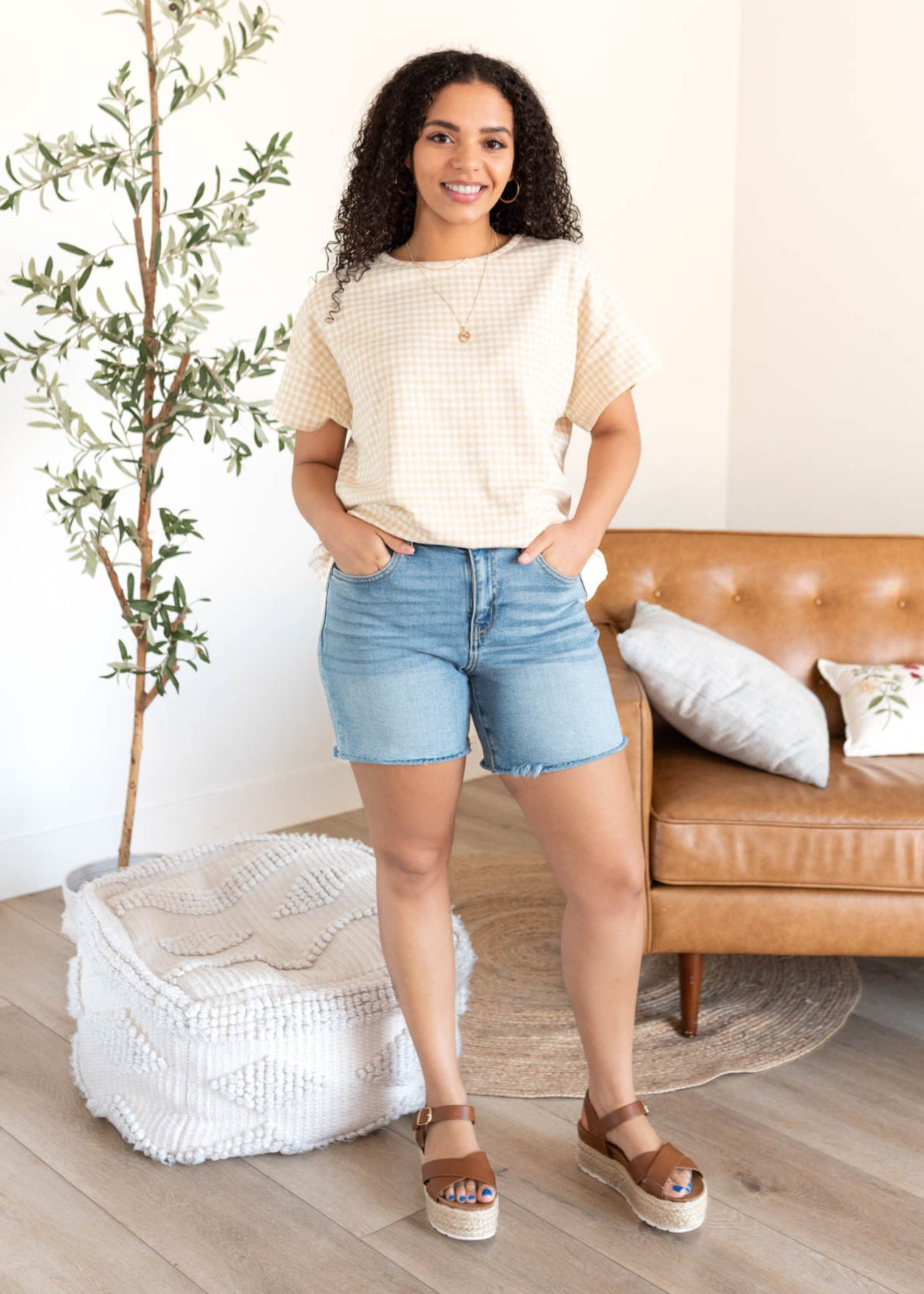 Leila Beige Gingham Knit Top