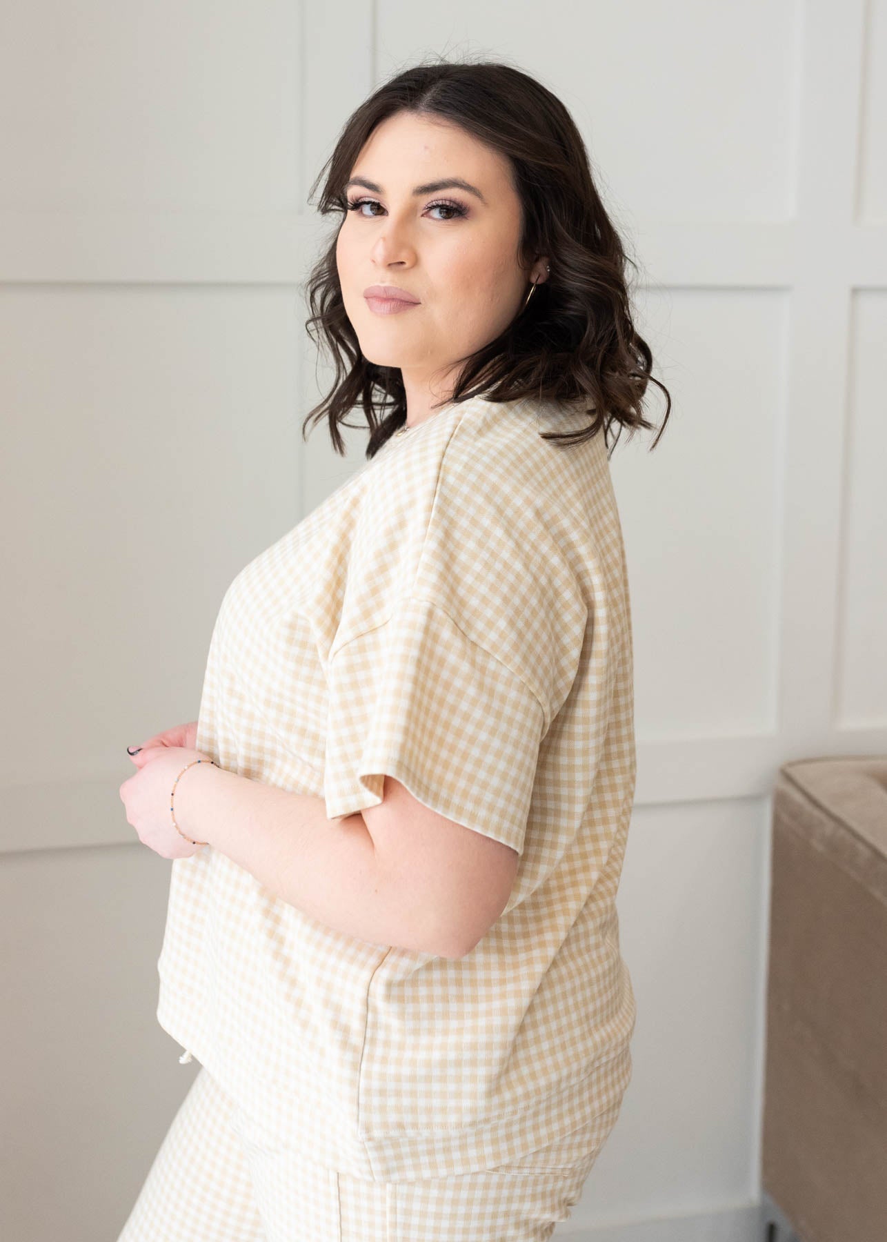 Leila Beige Gingham Knit Top