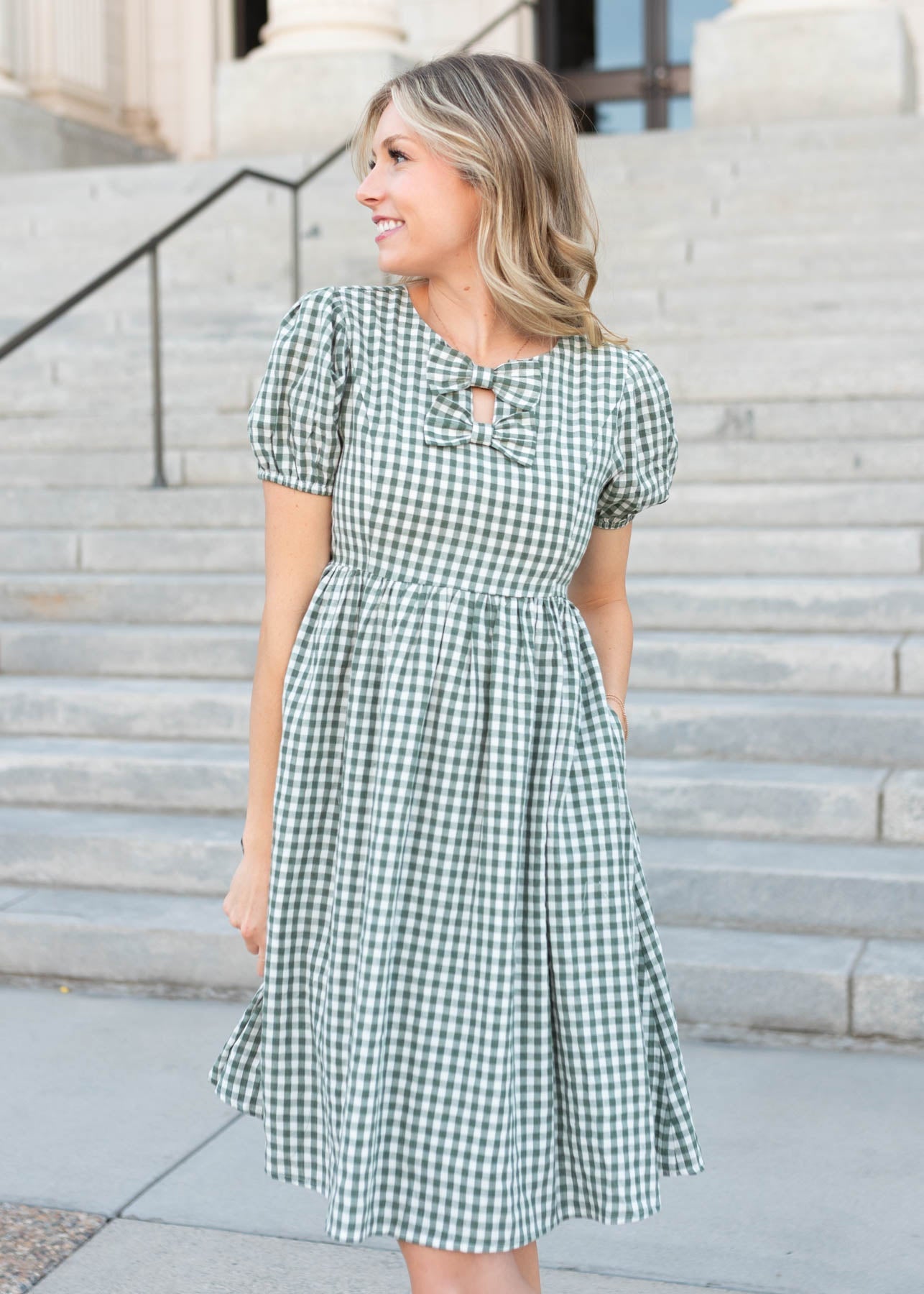 Linnea Sage Gingham Bow Dress