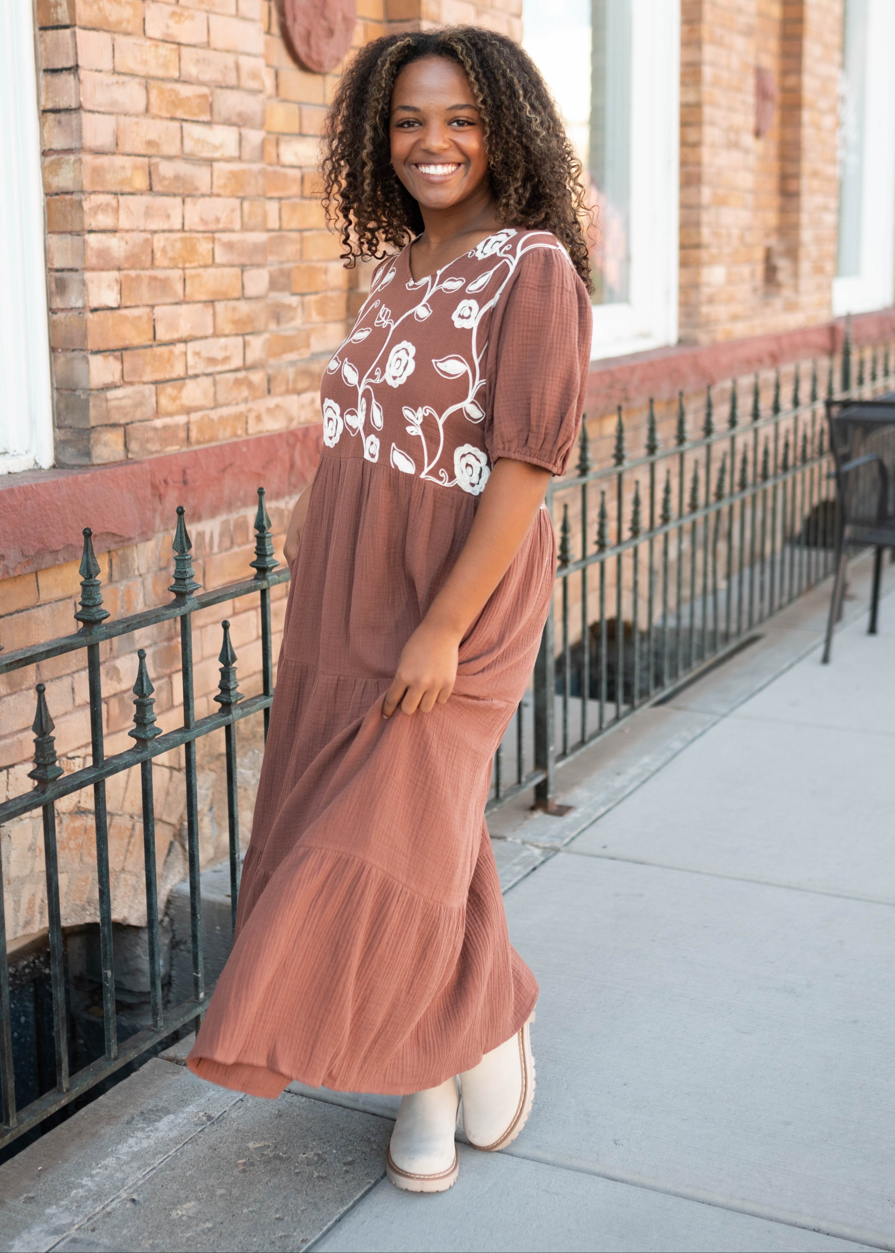Maeve Brown Embroidered Dress