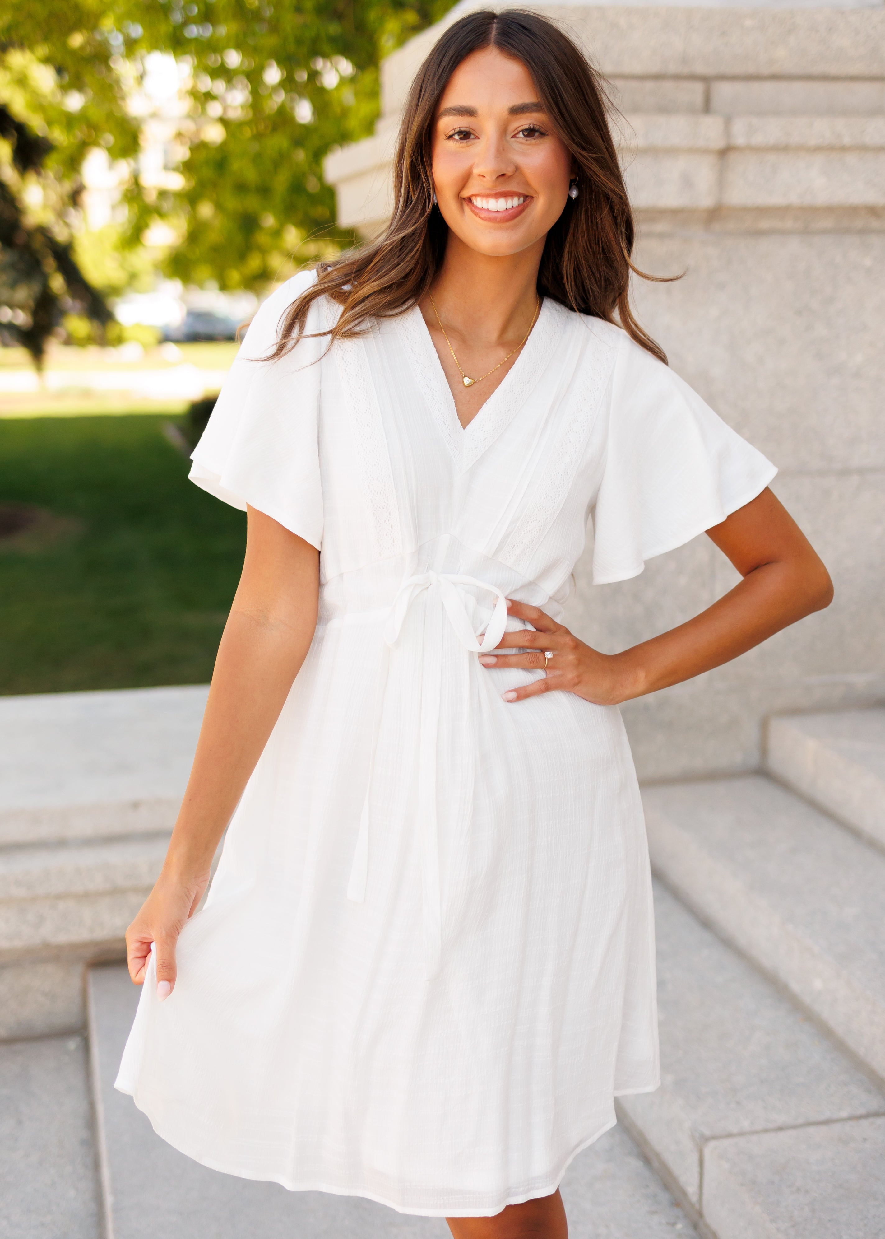 Paedyn White Textured Tie Dress