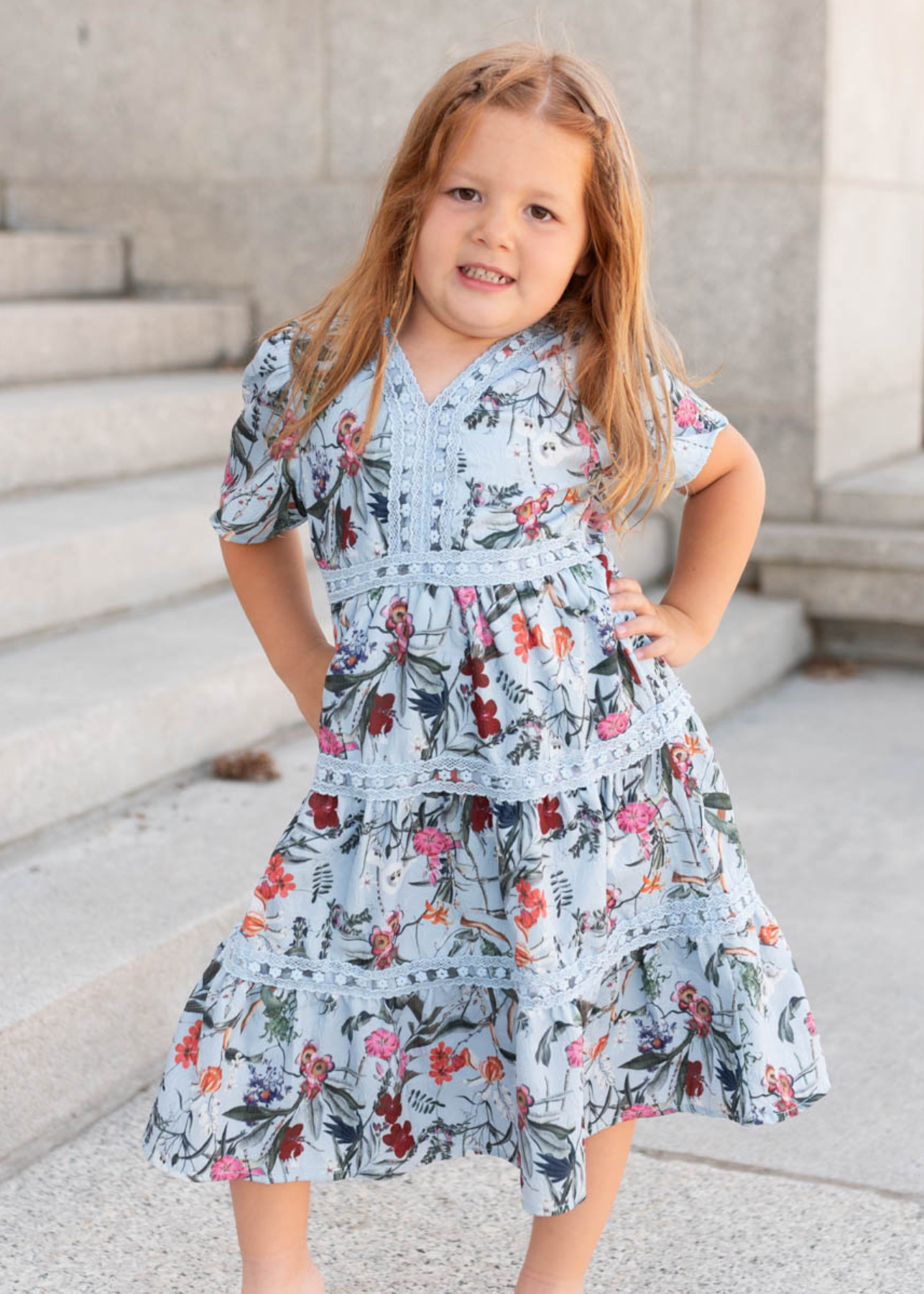 Zoie Blue Floral Tiered Little Girl Dress